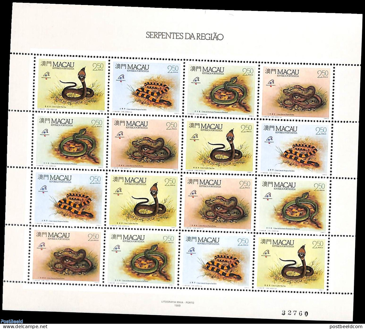 Macao 1989 Snakes M/s, Mint NH, Nature - Reptiles - Snakes - Neufs