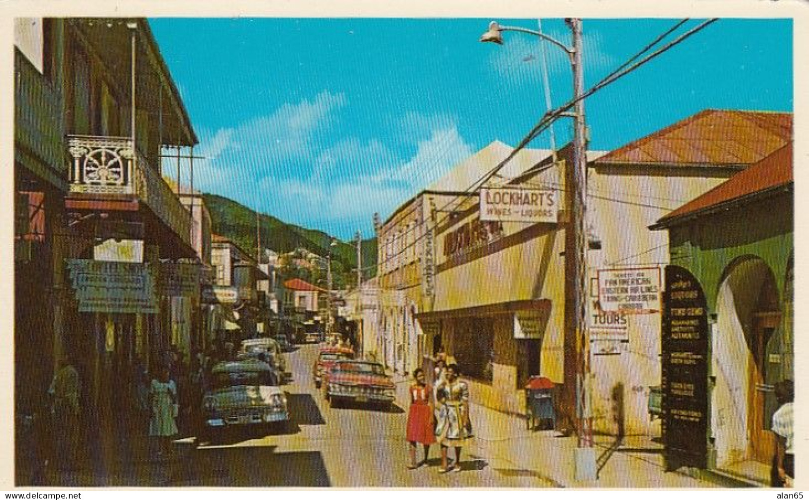 US Virgin Islands, Charlotte Amalie, Business District Street Scene, Autos, Signs, C1950s/60s Vintage Postcard - Islas Vírgenes Americanas