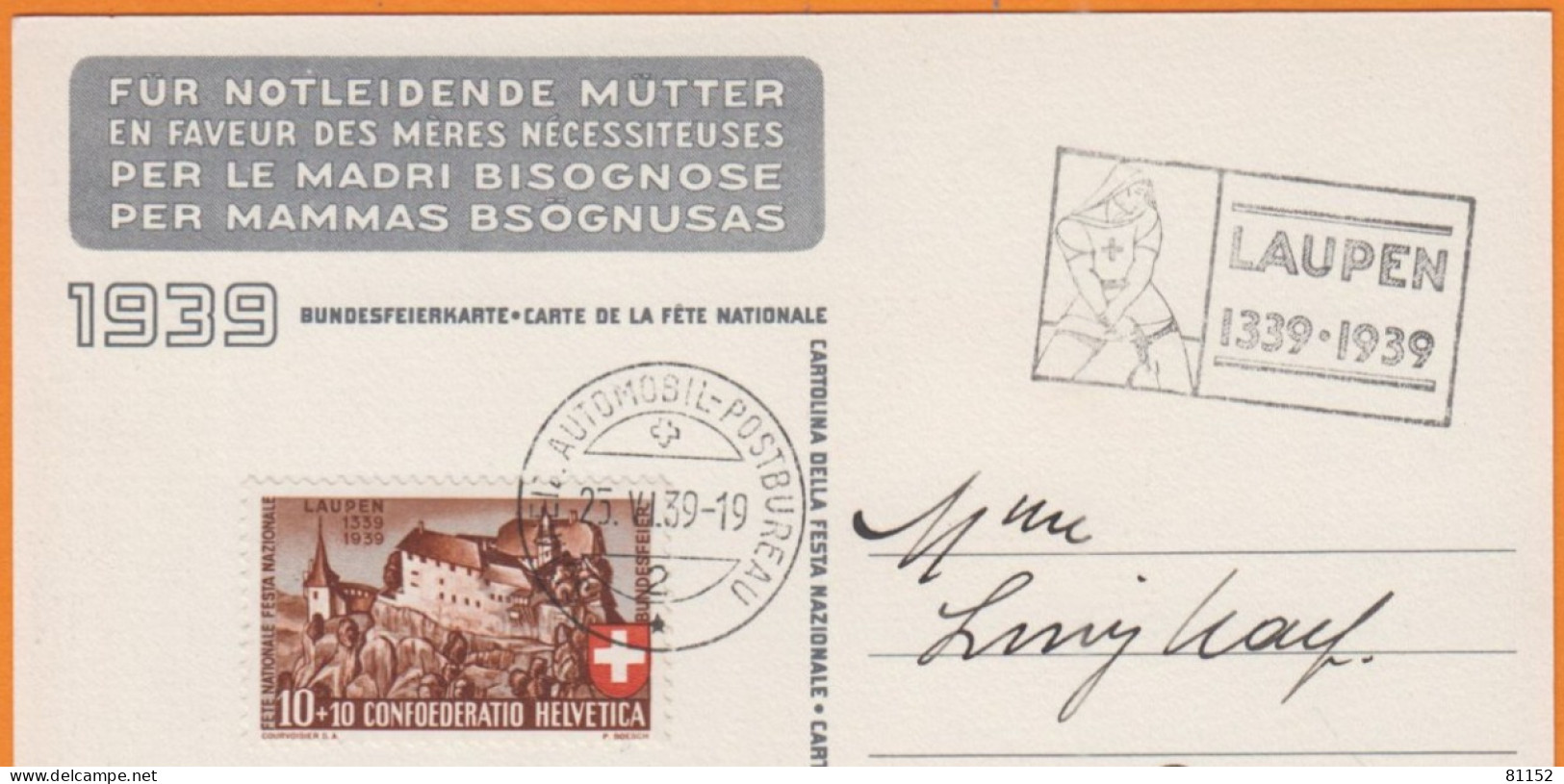 Suisse " Fete Nationale LAUPEN 1339-1939 6è Centenaire " Y.T.341 Sur CP Le 25 VI 39 Pour WINTERTHUR  Suisse - Lettres & Documents