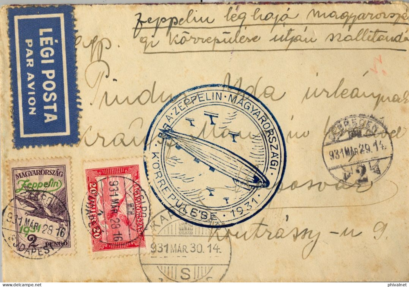 1931 ZEPPELIN , BUDAPEST - KAPOSVÁR , MAGNÍFICO SOBRE CIRCULADO , YV. 15 , 25 ( 2 PENGO - ZEPPELIN )  AÉREOS - Cartas & Documentos