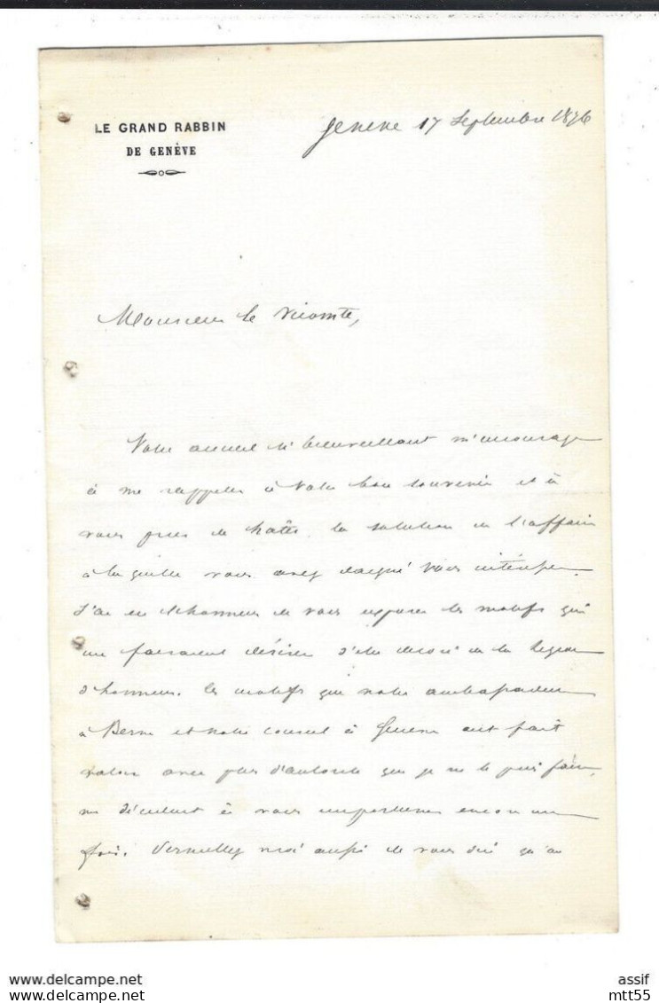 JOSEPH WERTHEIMER 1833 Soultz 1908 Grand Rabbin De Genève Autographe 1876 JUDAICA - Personnages Historiques