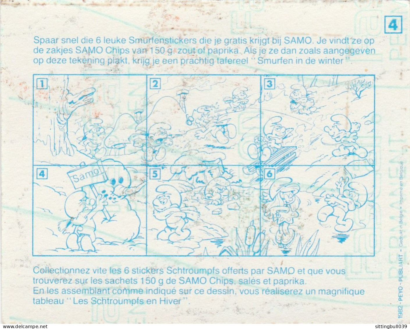 PEYO. LES SCHTROUMFS En HIVER. RARE Autocollant PUB SAMO CHIPS 1982 N° 4 - Collection - Stickers