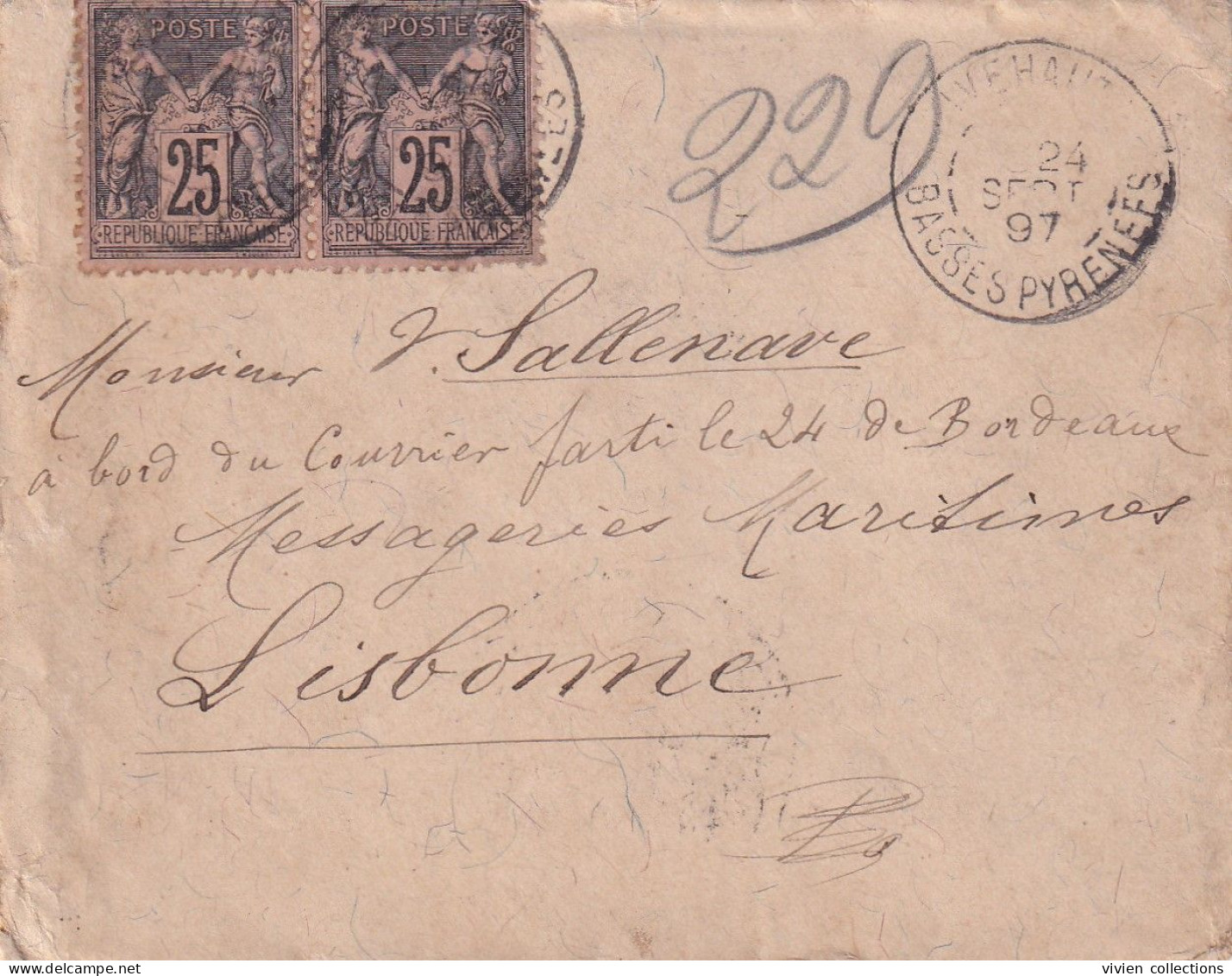 Rivehaute (64) Lettre 1897 Adressée A Bord Du Courrier Parti Le 24 De Bordeaux Messageries Maritimes Lisbonne Portugal - 1876-1898 Sage (Tipo II)