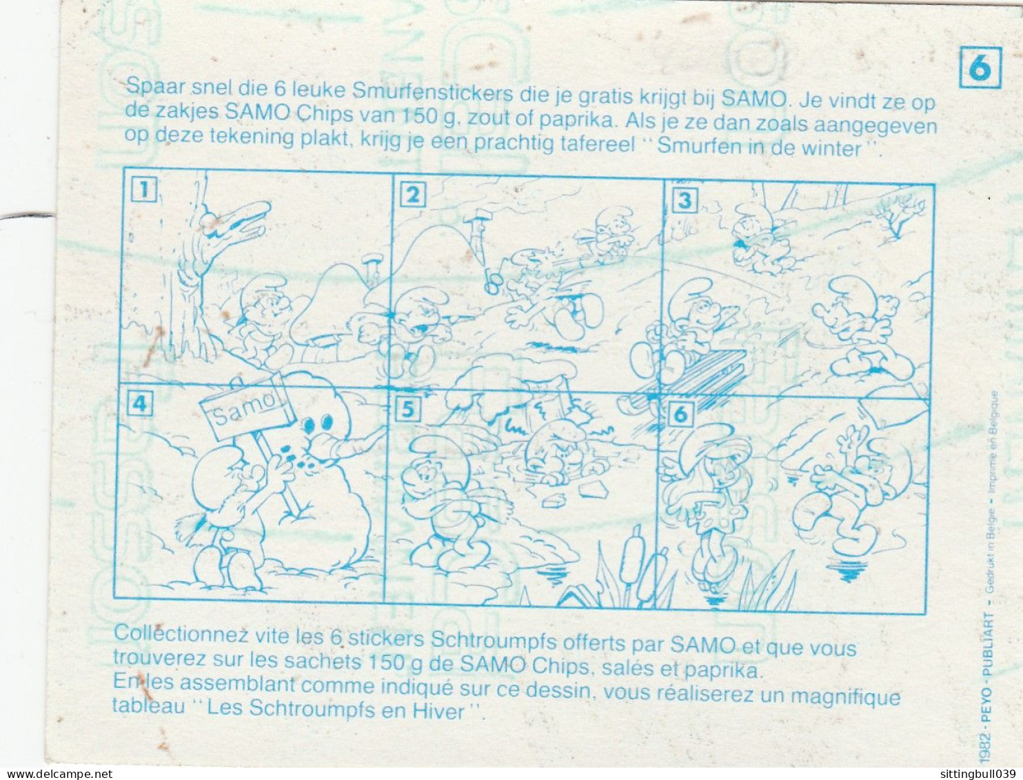 PEYO. LES SCHTROUMFS En HIVER. RARE Autocollant PUB SAMO CHIPS 1982 N° 6 - Collection - Stickers