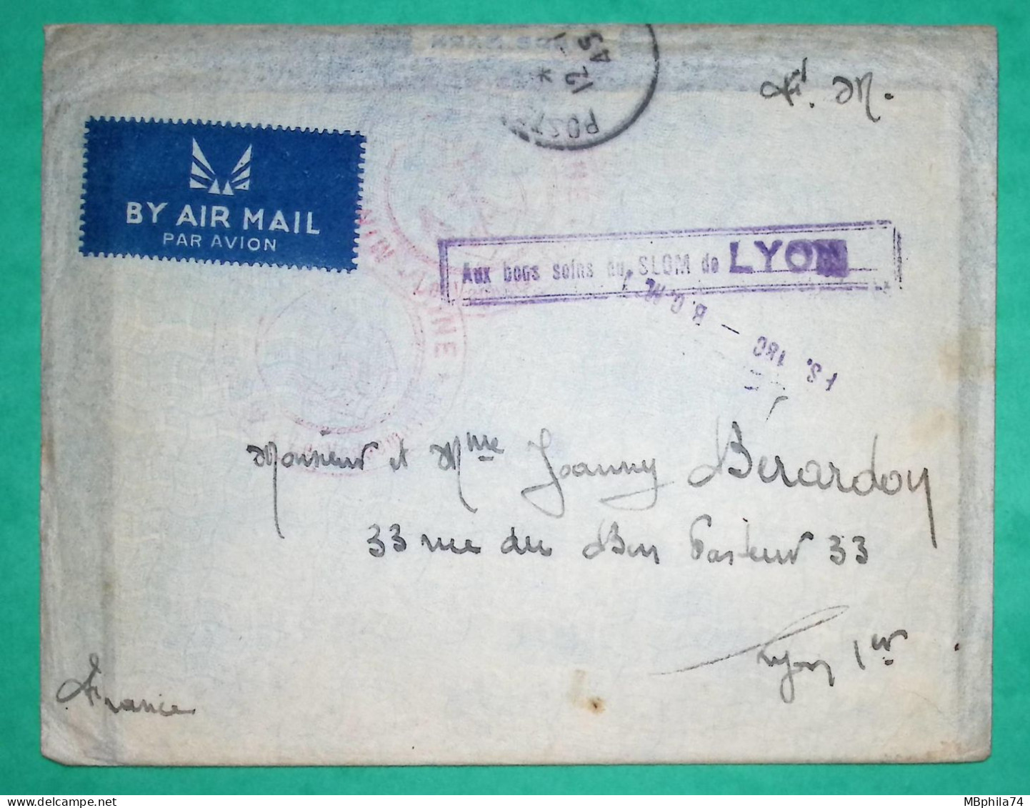 FRANCHISE MILITAIRE FM LETTRE PAR AVION POSTE NAVALE SLOM LYON RHONE 1945 WW2 COVER FRANCE - Military Airmail
