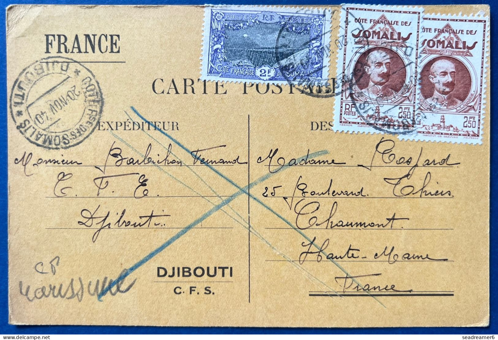 Carte Postale Formulaire Interzone à Usage D'un Civil Affranchie Djibouti N°98 & 187 X2 Du 20 NOV 1940 Blocus ANGLAIS R - Storia Postale