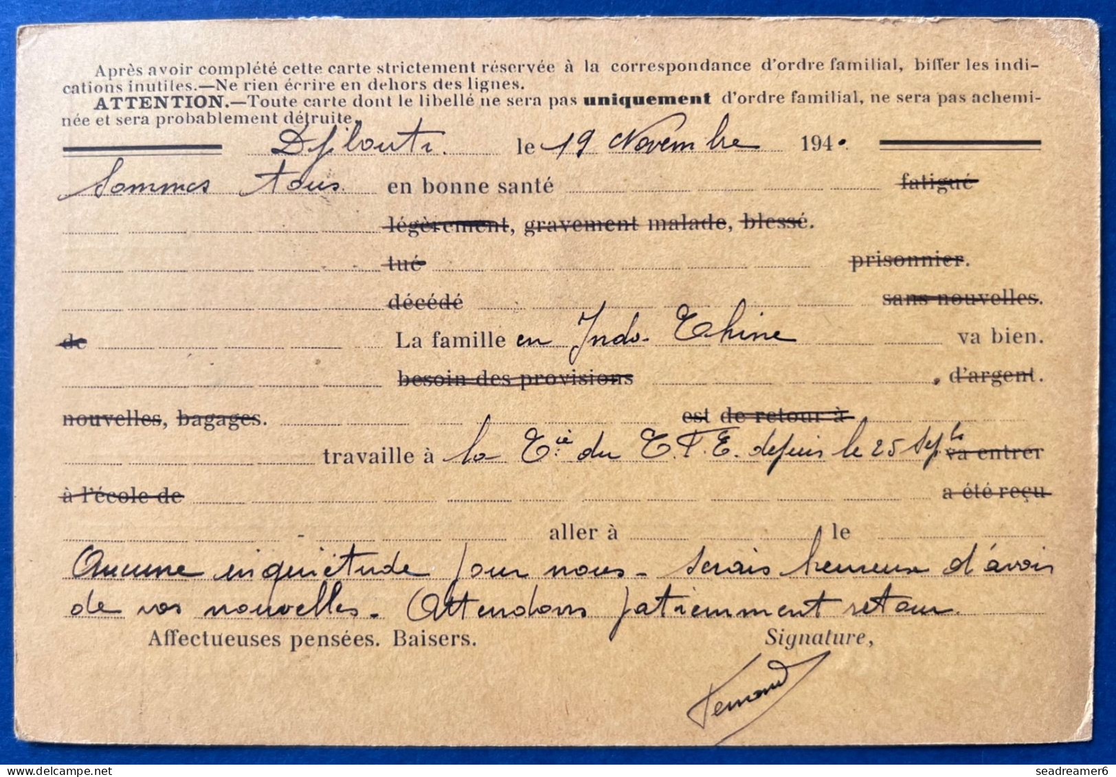 Carte Postale Formulaire Interzone à Usage D'un Civil Affranchie Djibouti N°98 & 187 X2 Du 20 NOV 1940 Blocus ANGLAIS R - Brieven En Documenten