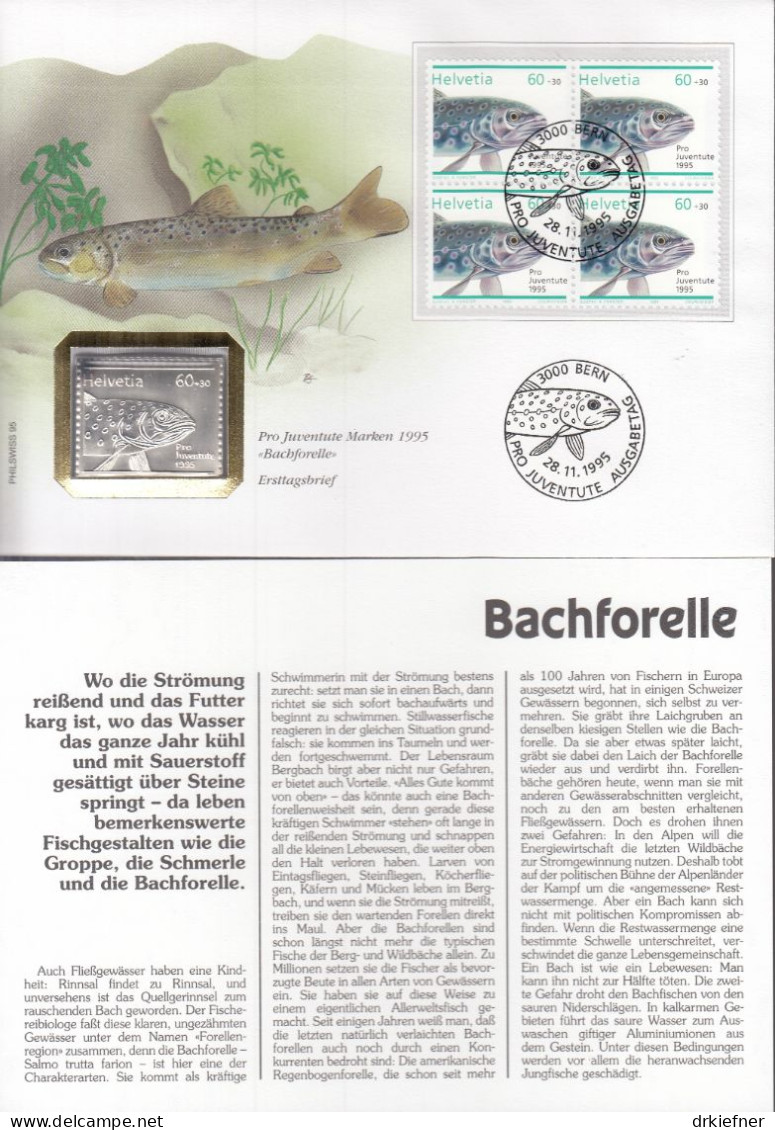 SCHWEIZ Numisbrief Mit 10 G Silber-Marke, 1995, Marke Mi.Nr.4x 1568 FDC, Bachforelle - Cartas & Documentos