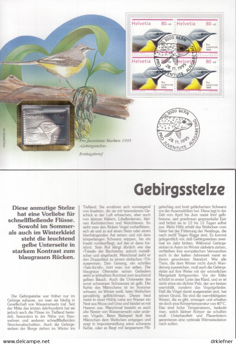 SCHWEIZ Numisbrief Mit 10 G Silber-Marke, 1995, Marke Mi.Nr.4x 1569 FDC, Gebirgsstelze - Briefe U. Dokumente