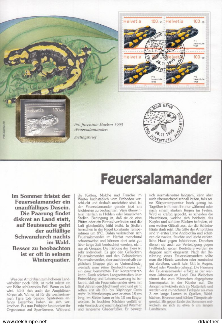 SCHWEIZ Numisbrief Mit 10 G Silber-Marke, 1995, Marke Mi.Nr.4x 1570 FDC, Feuersalamander - Brieven En Documenten