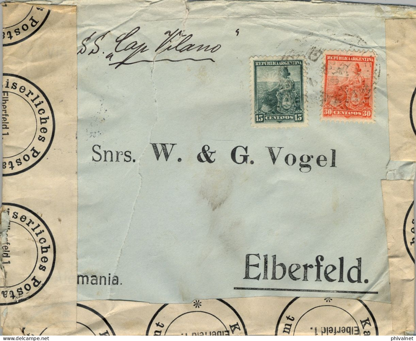 1908 ARGENTINA , CORREO MARÍTIMO , S.S. CAP VILANO , SOBRE CIRCULADO A ELBERFELD , LLEGADA , KAISERLICHES POSTAMT - Lettres & Documents