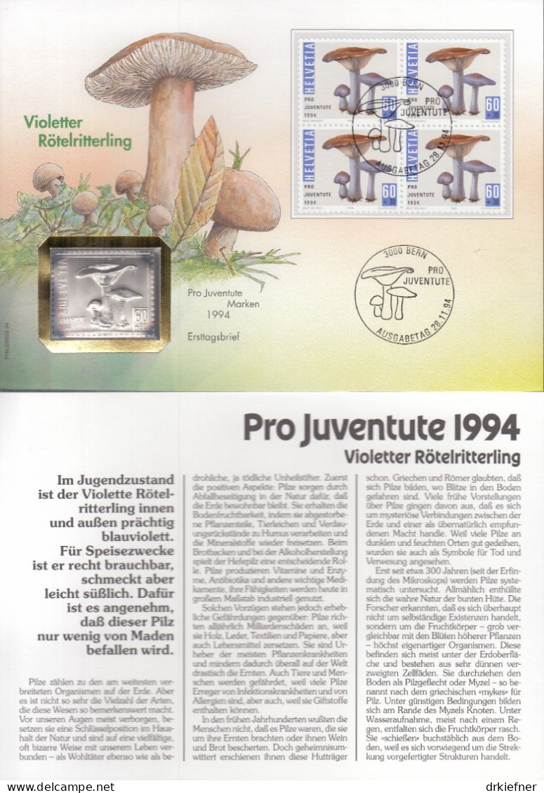 SCHWEIZ Numisbrief Mit 10 G Silber-Marke, 1994, Marke Mi.Nr.4x 1537 FDC, Pilze Des Waldes - Brieven En Documenten