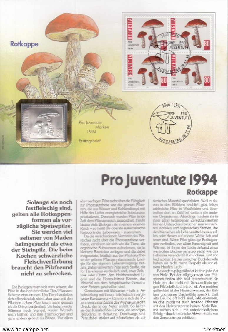 SCHWEIZ Numisbrief Mit 10 G Silber-Marke, 1994, Marke Mi.Nr.4x 1538 FDC, Pilze Des Waldes - Lettres & Documents