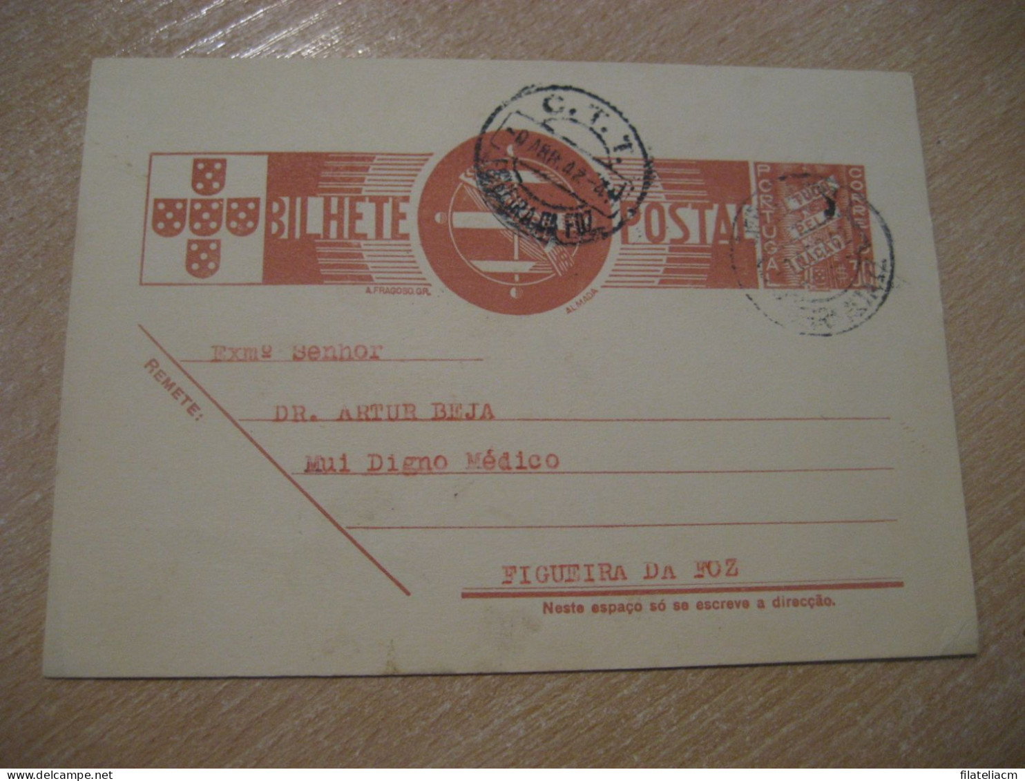 SANTA COMBA DAO 1942 To Figueira Da Foz Cancel Bilhete Postal Stationery Card PORTUGAL - Cartas & Documentos