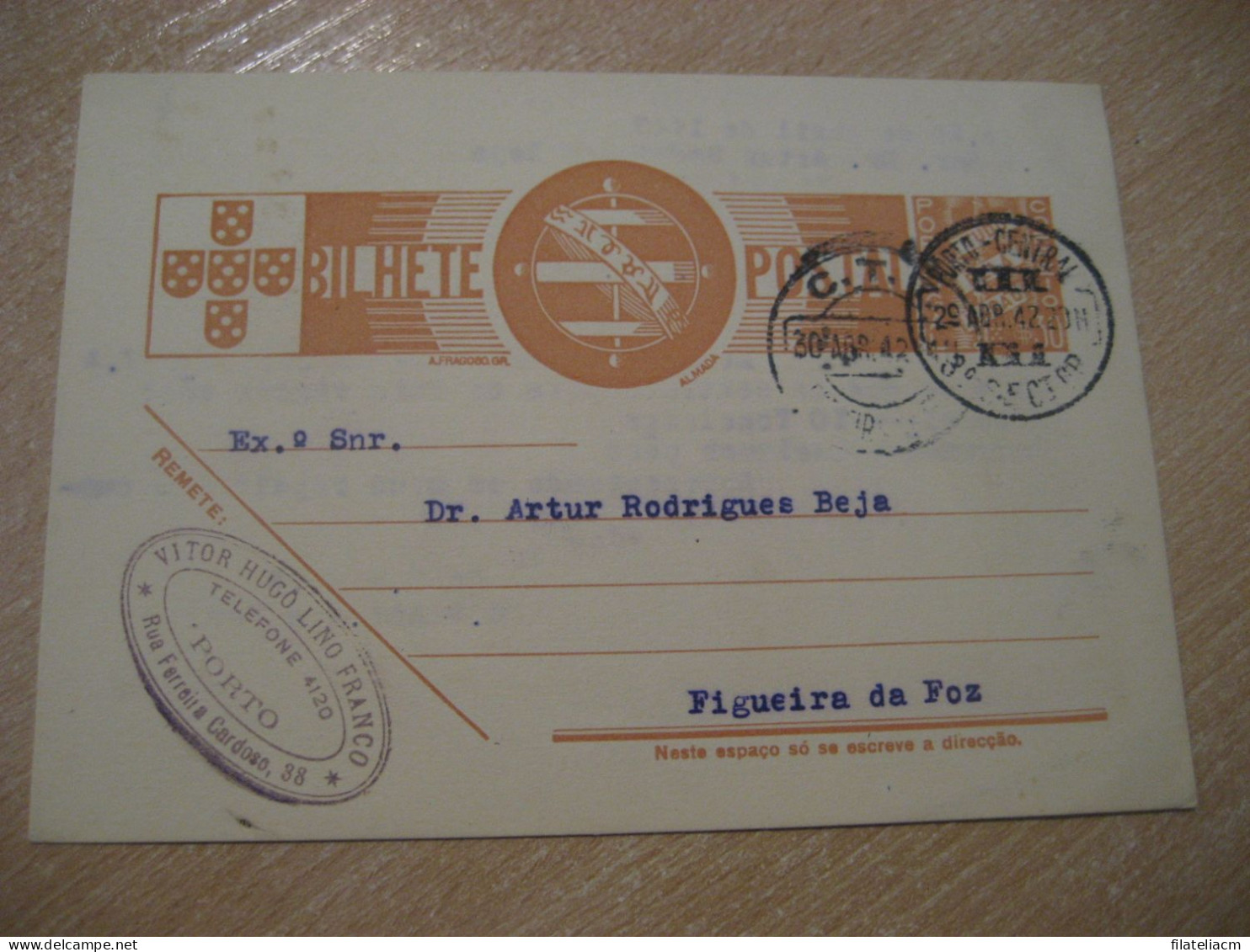 PORTO 1942 To Figueira Da Foz Cancel Bilhete Postal Stationery Card PORTUGAL - Covers & Documents