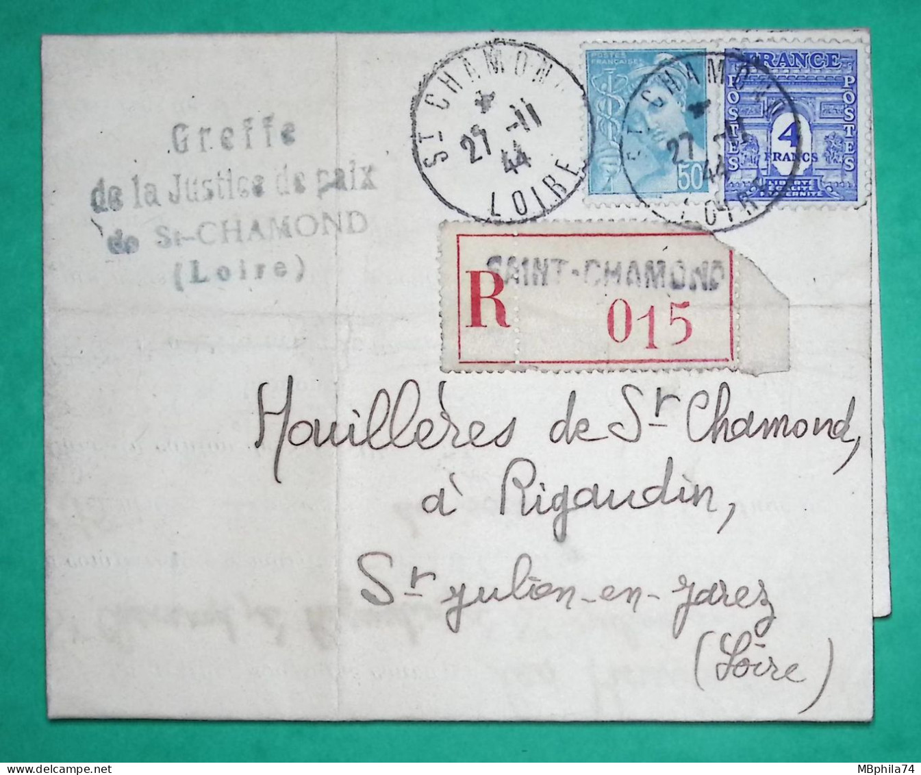 N°549 + 627 MERCURE ARC DE TRIOMPHE RECOMMANDE TARIF 4F50 ST CHAMOND LOIRE POUR ST JULIEN EN JAREZ 1944 COVER FRANCE - 1944-45 Arc De Triomphe