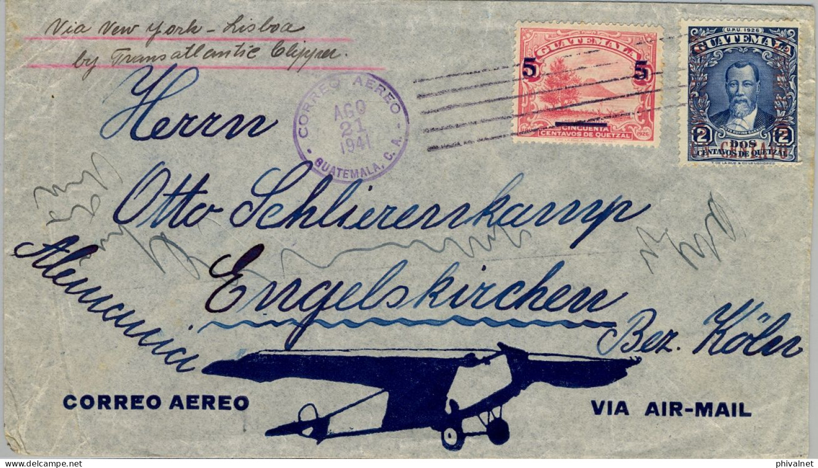 1941 GUATEMALA CAPITAL - ENGELSKIRCHEN , VIA NEW YORK - LISBOA BY TRANSATLANTIC CLIPPER , CORREO AÉREO - Guatemala