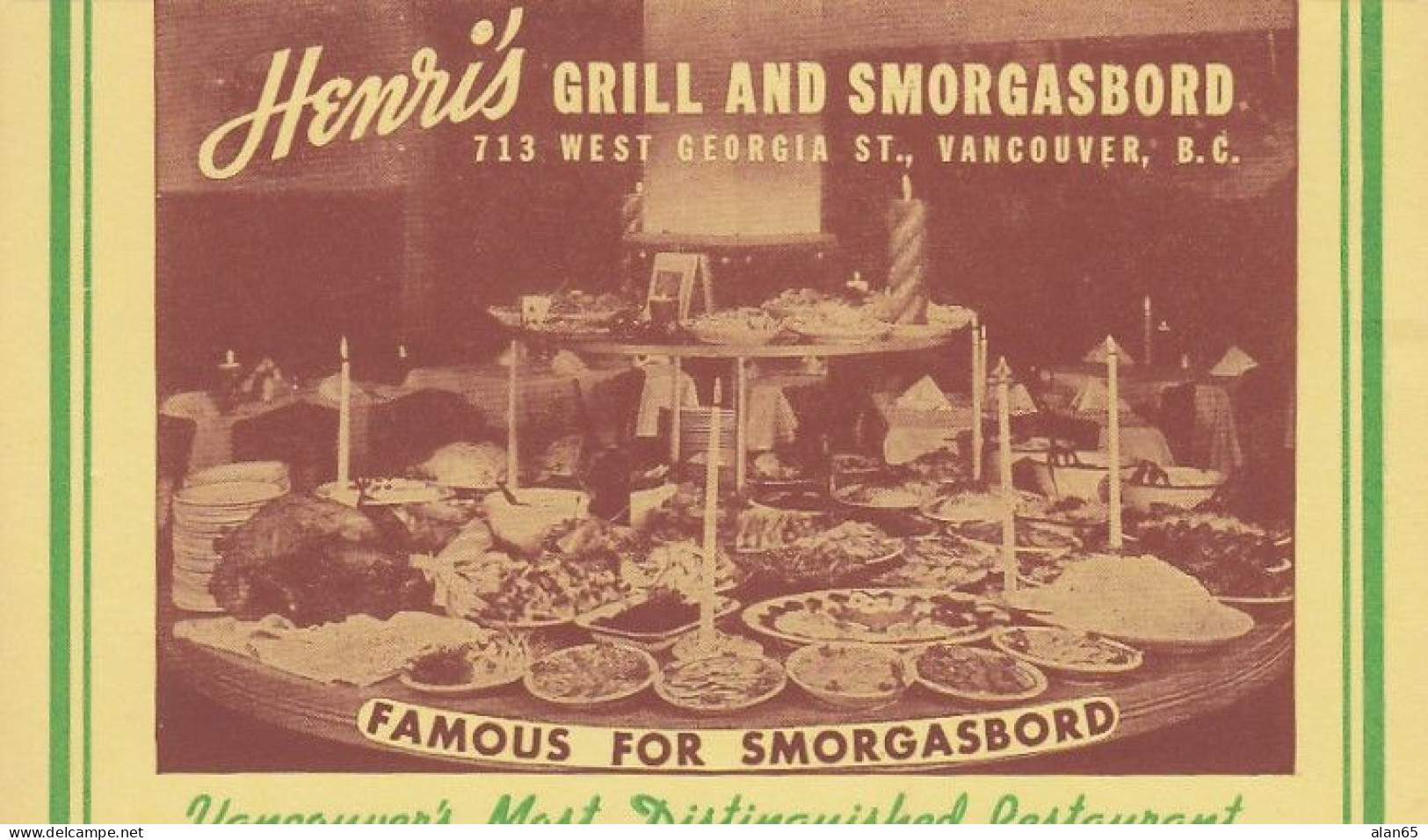 Vancouver BC Canada, Henri's Grill And Smorgasbord Restaurant C1940s Vintage Postcard - Vancouver