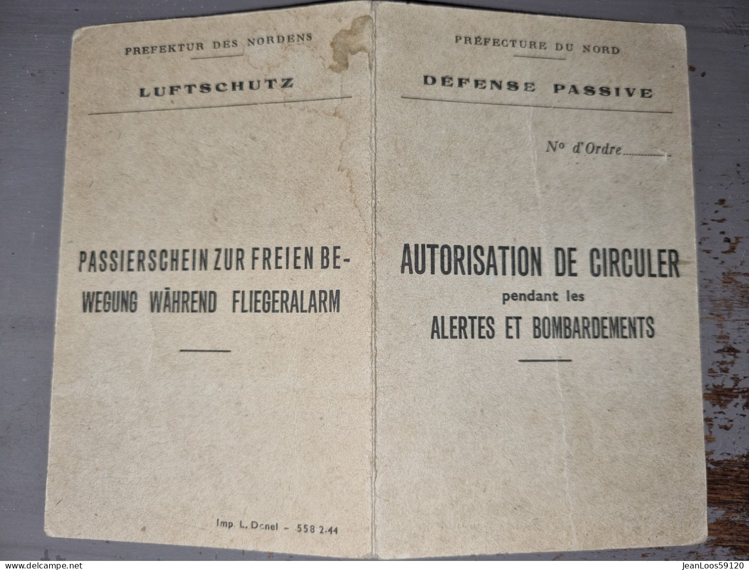 WW2 France 1944 Autorisation De Circuler Pendant Les Alertes Et Bombardements Cachet Préfecture Du Nord Défence Passive - 1939-45