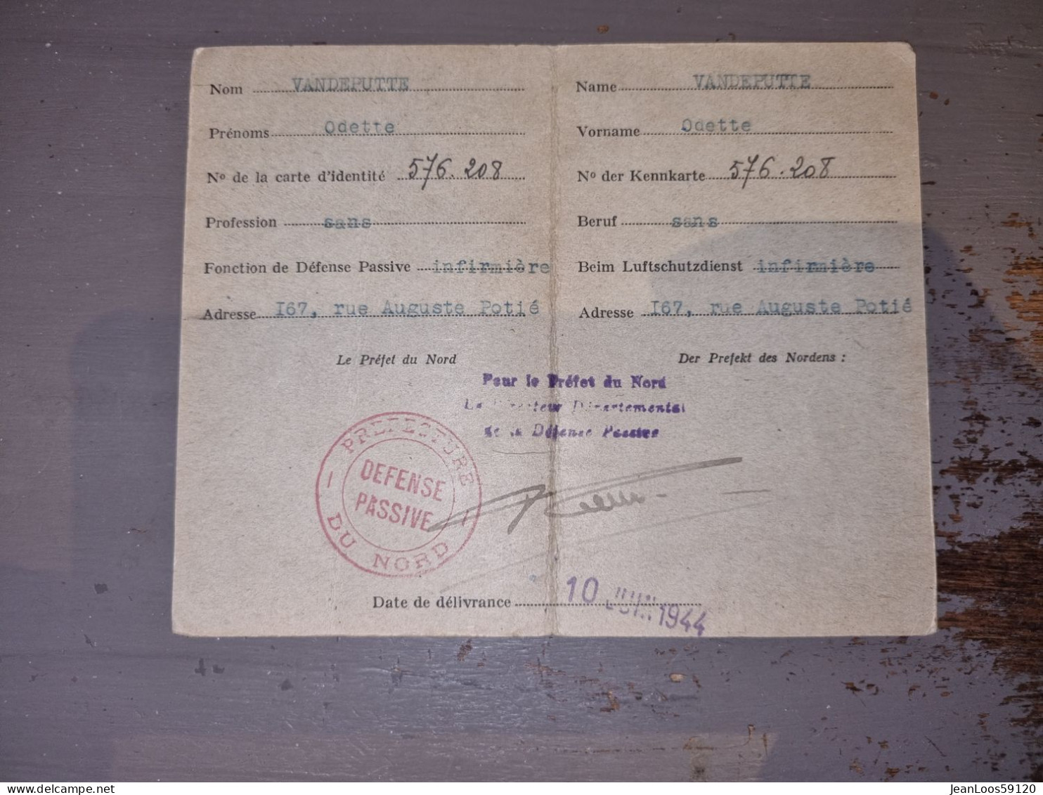 WW2 France 1944 Autorisation De Circuler Pendant Les Alertes Et Bombardements Cachet Préfecture Du Nord Défence Passive - 1939-45