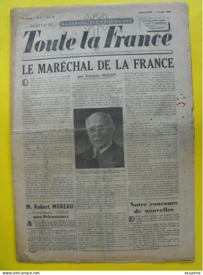 Toute La France N° 71 Du 14 Mai 1944. Collaboration Antisémite.  Pétain Hulot Moreau Prisonniers Stalag - Guerra 1939-45