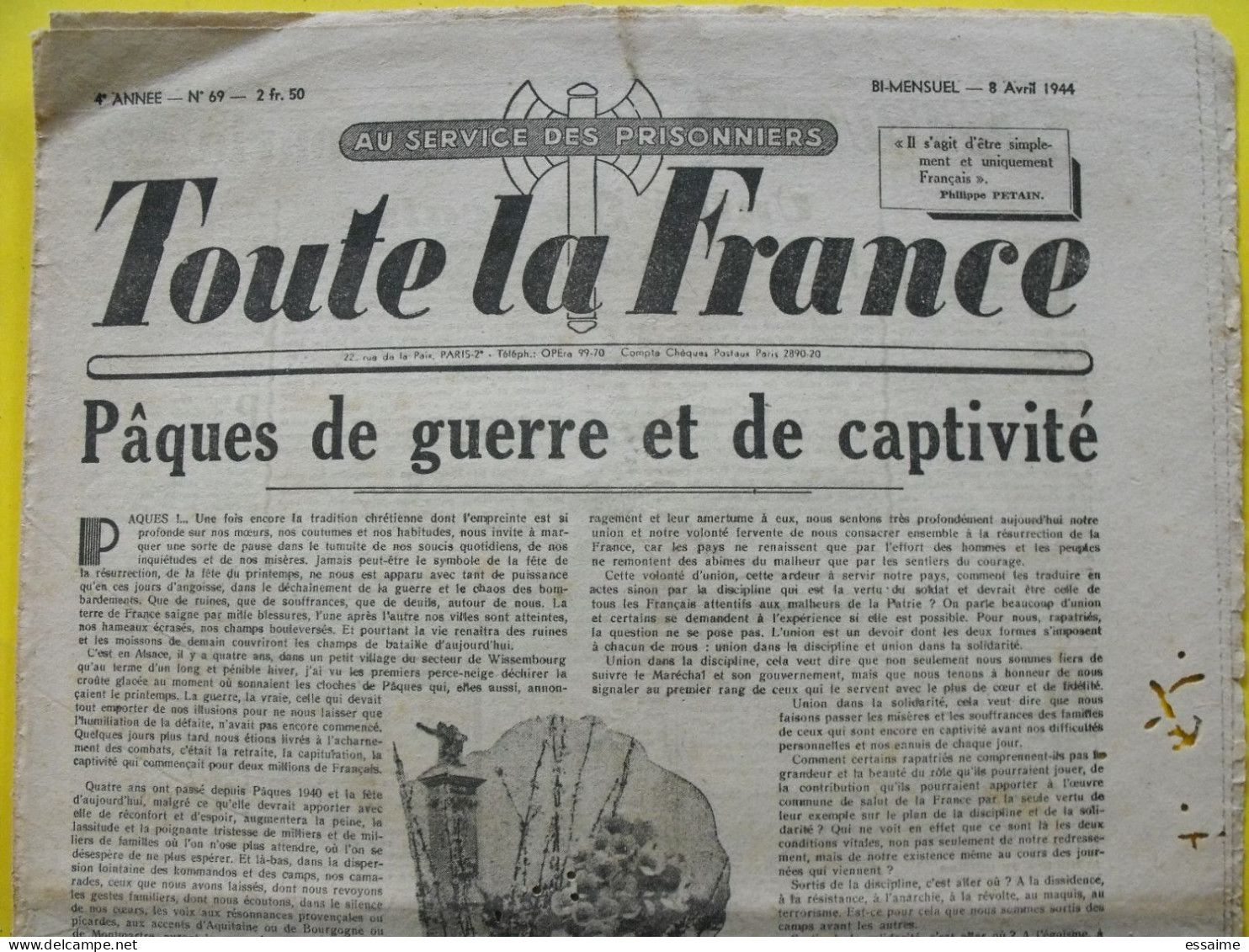 Toute La France N° 69 Du 8 Avril 1944. Collaboration Antisémite.  Pétain Hulot Moreau Prisonniers Stalag - Guerre 1939-45