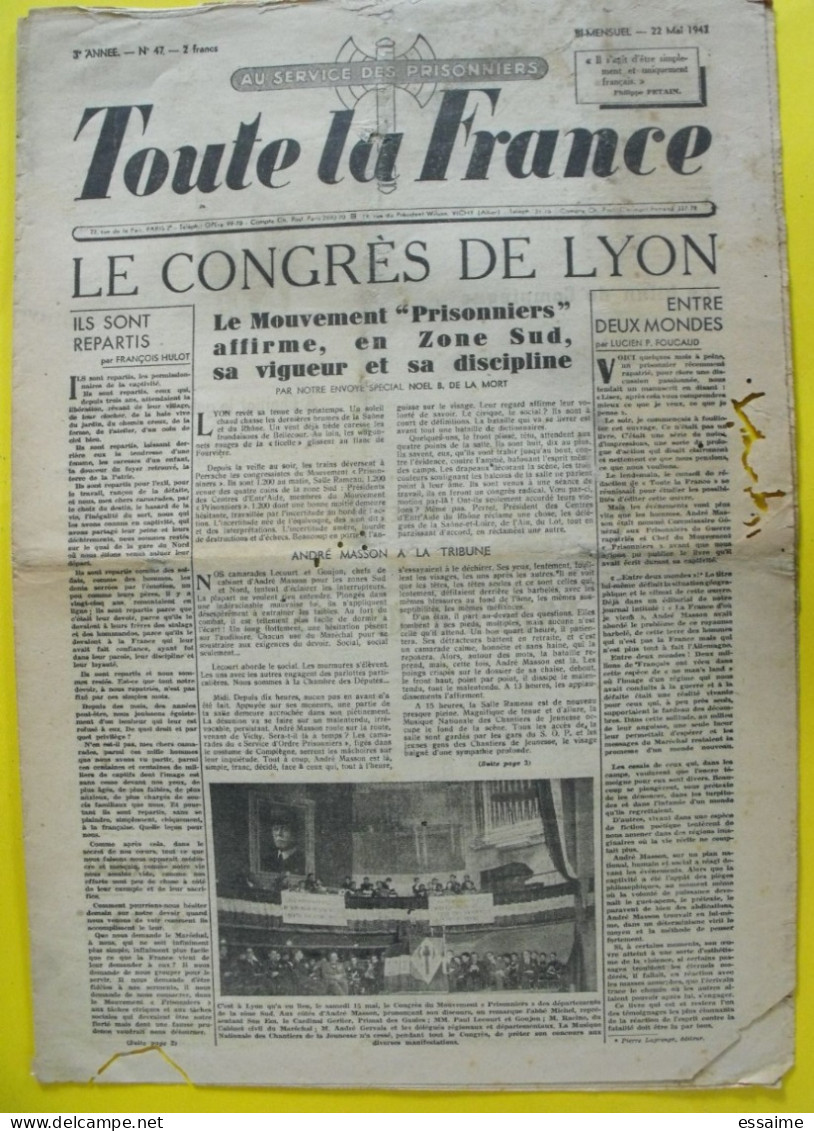 Toute La France N° 47 Du 22 Mai 1943. Collaboration Antisémite.  Pétain Hulot Foucaud Masson Prisonniers Stalag - Weltkrieg 1939-45