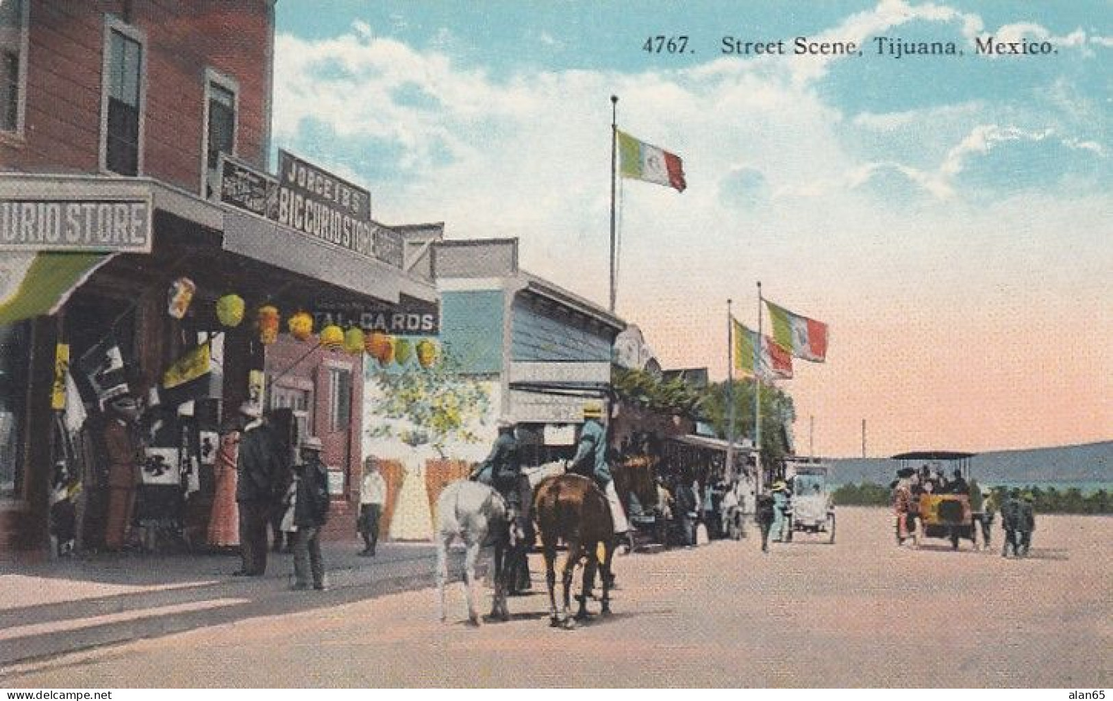 Tijuana Mexico, Street Scene, Flags Curio Store, C1910s Vintage Postcard - Mexico
