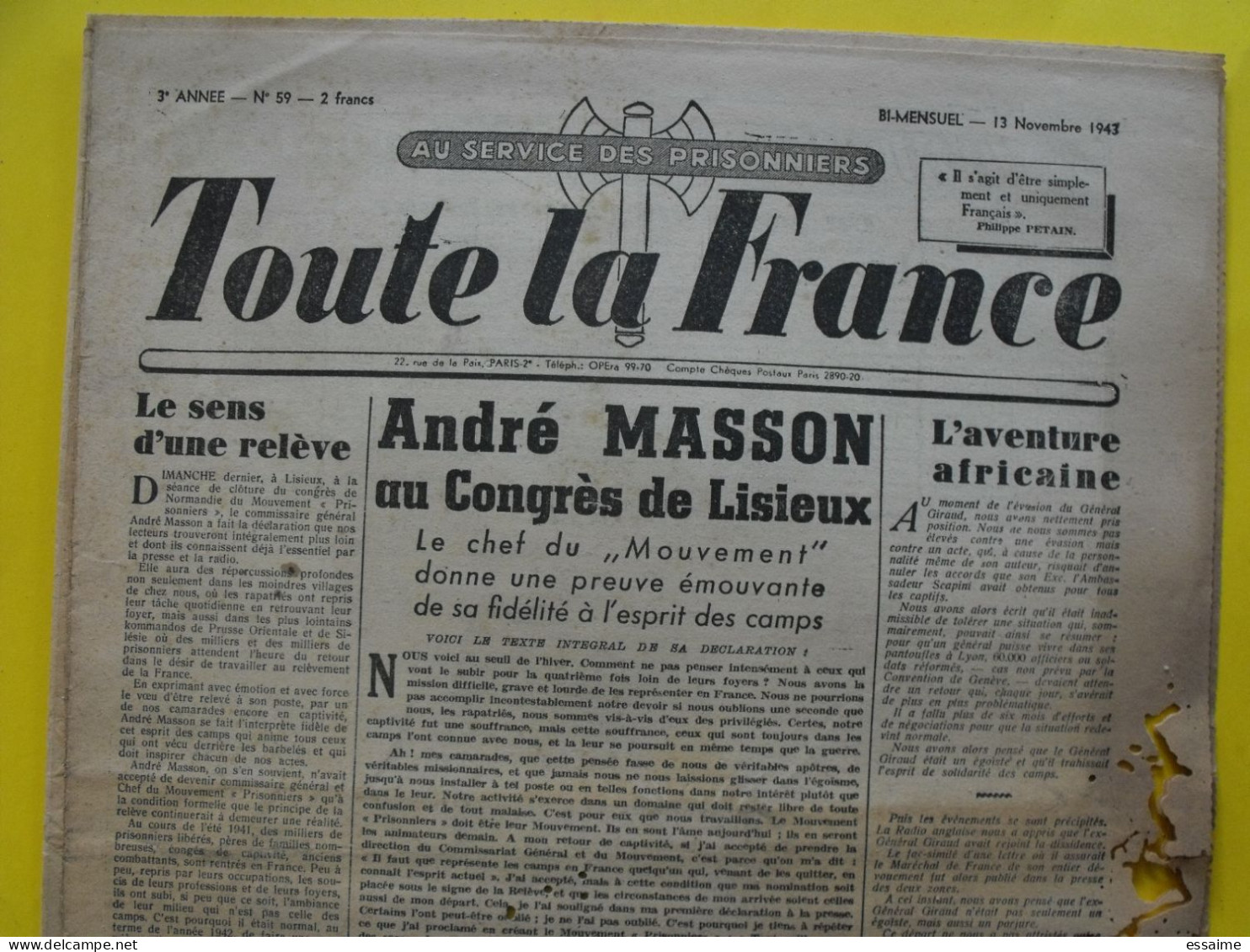 Toute La France N° 59 Du 13 Novembre 1943. Collaboration Antisémite.  Pétain Hulot Foucaud Masson Prisonniers Stalag - War 1939-45
