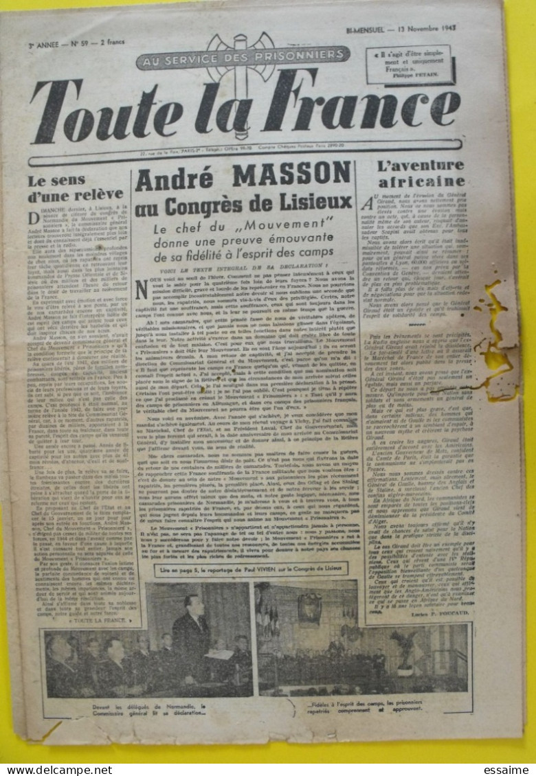 Toute La France N° 59 Du 13 Novembre 1943. Collaboration Antisémite.  Pétain Hulot Foucaud Masson Prisonniers Stalag - Guerra 1939-45