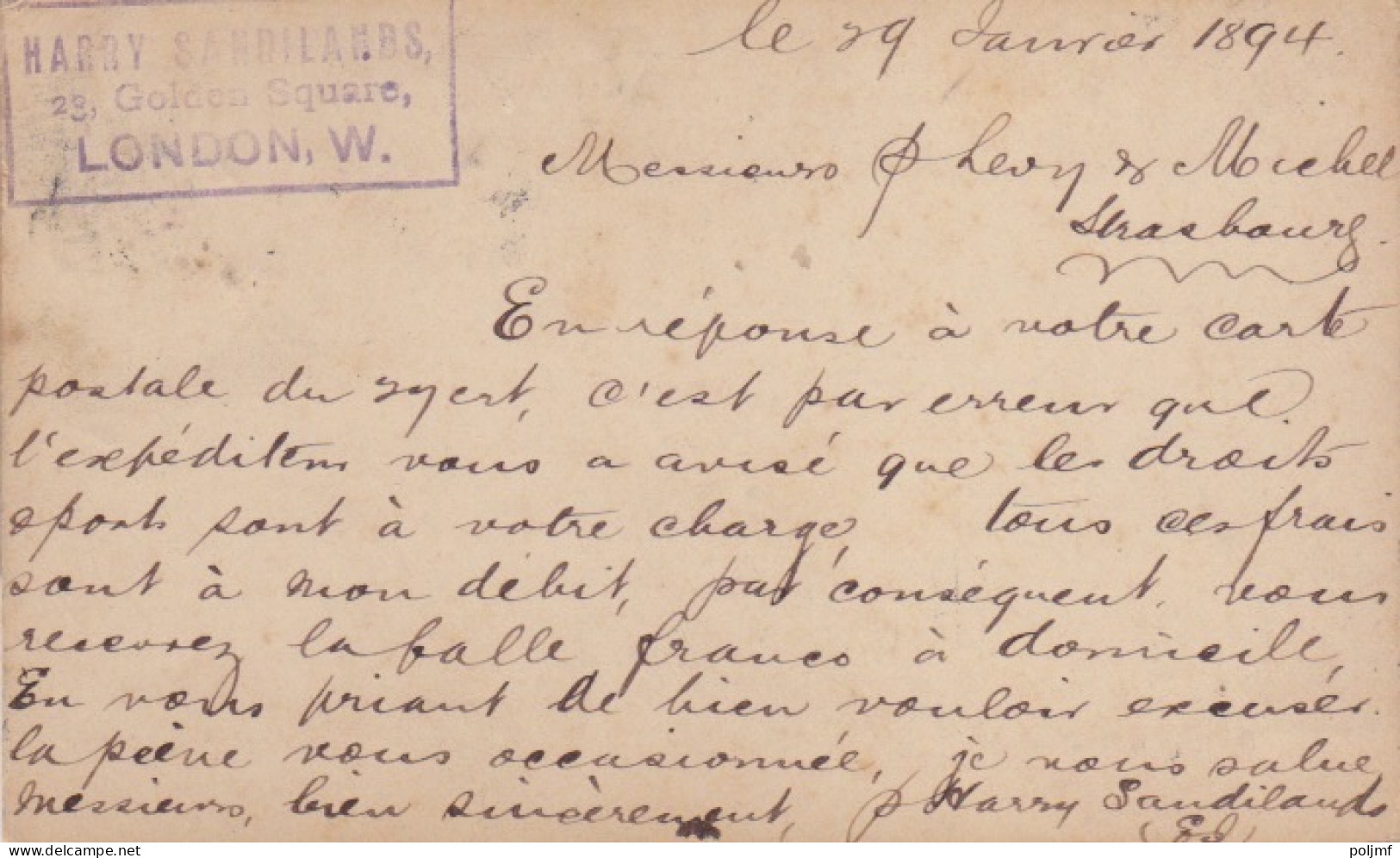 CP Entier Half Penny Brun "Victoria" Obl. Carrée London Le 29 JA 94 Pour Strasbourg + Complément 1/2 Rouge N° 91 - Entiers Postaux