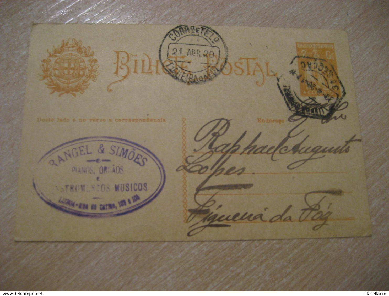 LISBOA Pianos Organos Music Instruments 1920 To Figueira Da Foz Cancel Bilhete Postal Stationery Card PORTUGAL - Brieven En Documenten