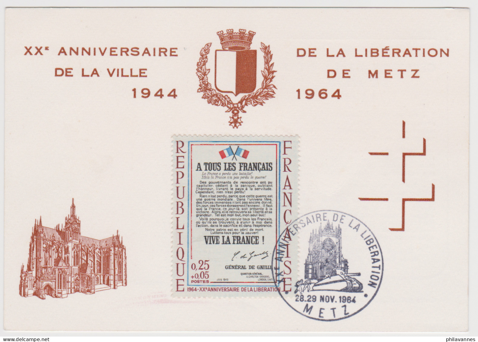 XX Anniversaire De La Libération De La Ville De Metz, 1964, Variété 1408a, Papier Bleuté( SN24/12/17.2) - Brieven En Documenten