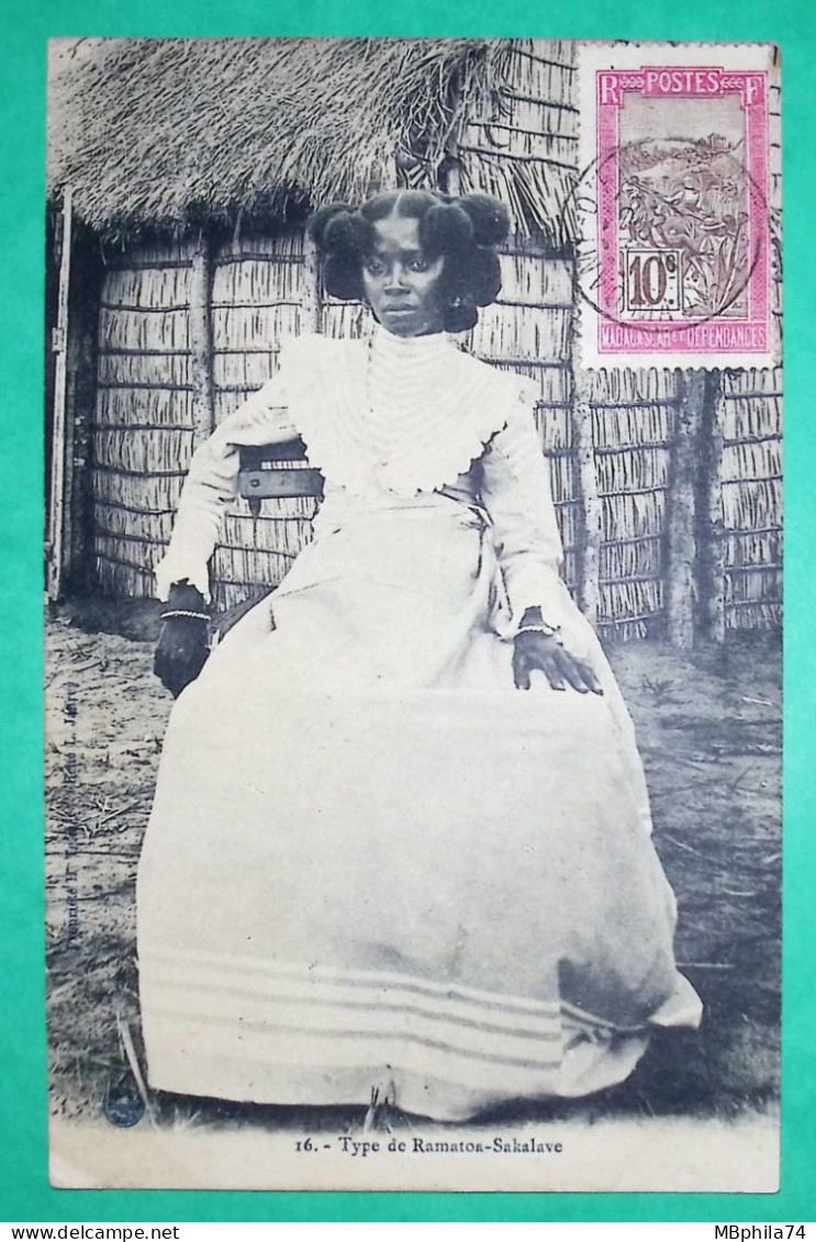 10C MADAGASCAR ET DEPENDANCES CARTE POSTALE FEMME RAMATOA SAKALAVE DEPART CAMP D'AMBRE POUR MARSEILLE 1911 FRANCE - Covers & Documents
