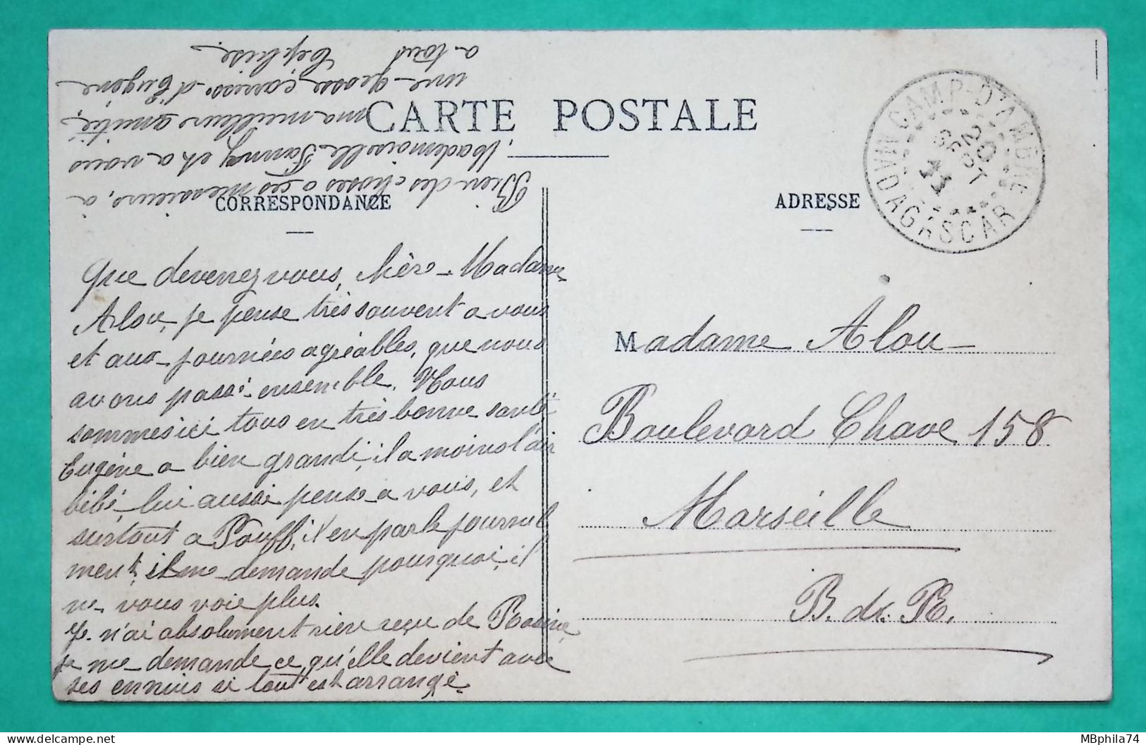 10C MADAGASCAR ET DEPENDANCES CARTE POSTALE FEMME RAMATOA SAKALAVE DEPART CAMP D'AMBRE POUR MARSEILLE 1911 FRANCE - Storia Postale