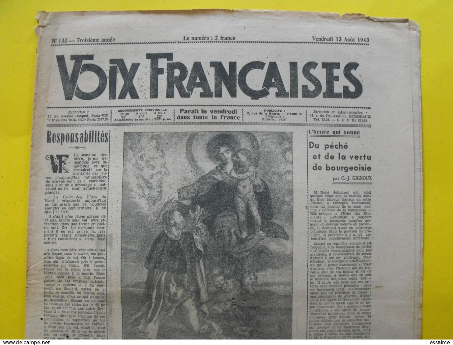 Voix Françaises N° 133 Du 13 Août 1943. Collaboration Antisémite. Paul Morand Lesourd - War 1939-45