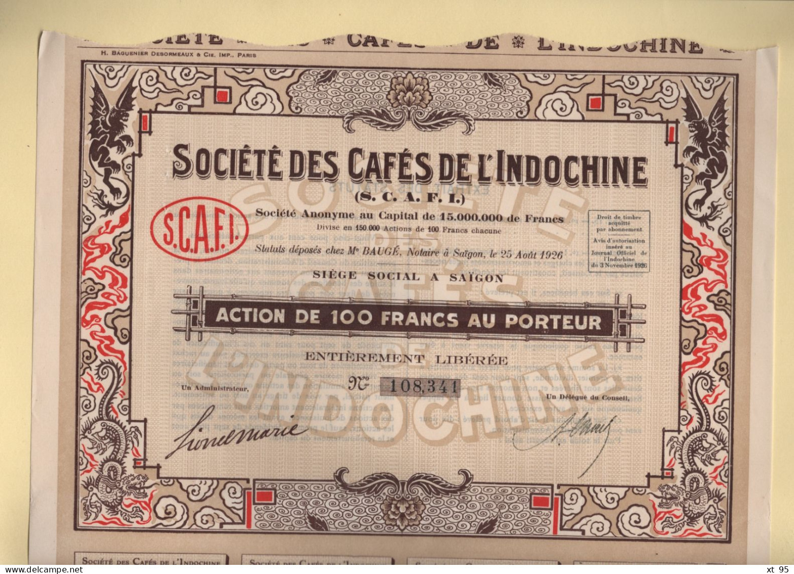 Societe Des Cafes De L'Indochine - Saigon - Action De 100 Francs Au Porteur - Agricoltura