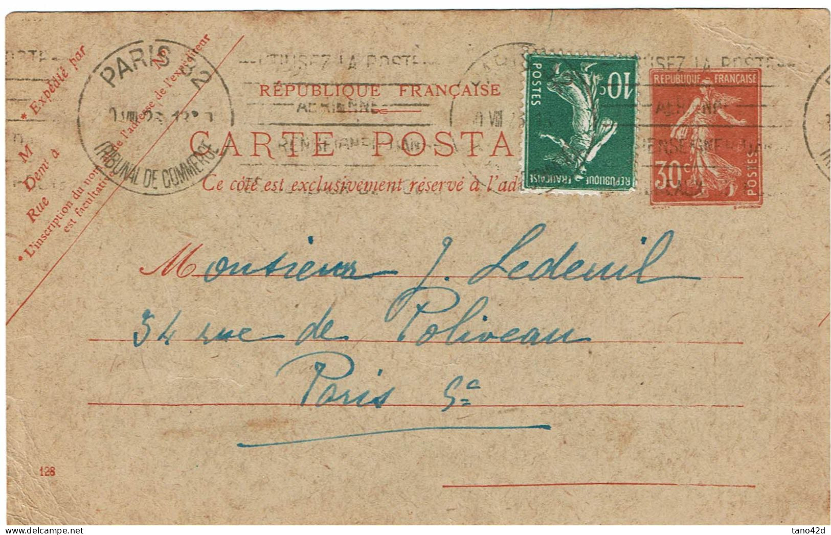 PP15 - FRANCE CP SEMEUSE CAMEE 30c DATE 128 + COMPL.T PARIS POUR VILLE 30/8/1926 - Postales Tipos Y (antes De 1995)