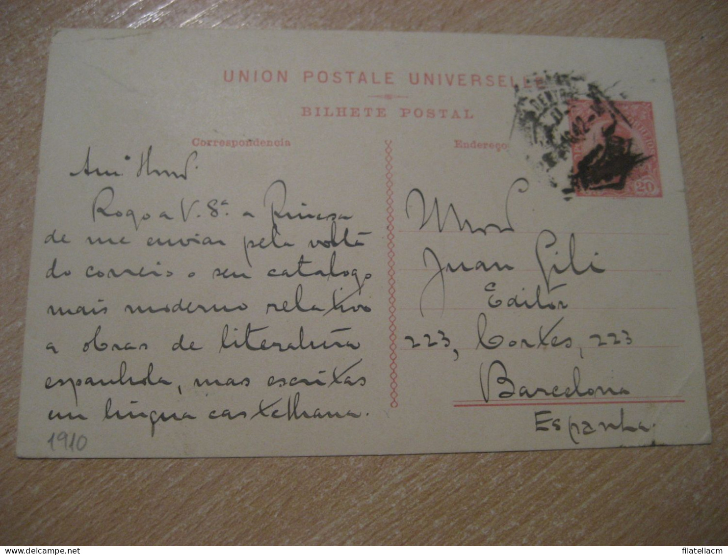 LISBOA 1910 To Barcelona Spain Cancel UPU Bilhete Postal Stationery Card PORTUGAL - Lettres & Documents