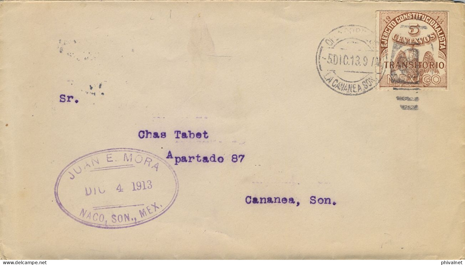 1913 MÉXICO , LA CANANEA  / SONORA , YV. 218 SIN TALÓN , SELLO DE RECARGO TRANSITORIO DEL EJÉRCITO CONSTITUCIONALISTA - Messico