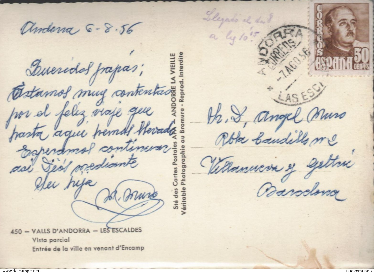 1957.Sello Español.Las Escaldes Dirijida A España - Lettres & Documents