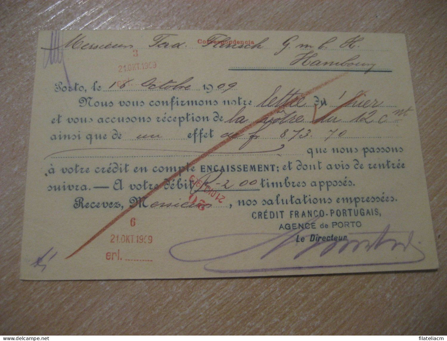 PORTO Credit Franco-Portugais 1909 To Hamburg Germany Cancel UPU Bilhete Postal Stationery Card PORTUGAL - Storia Postale
