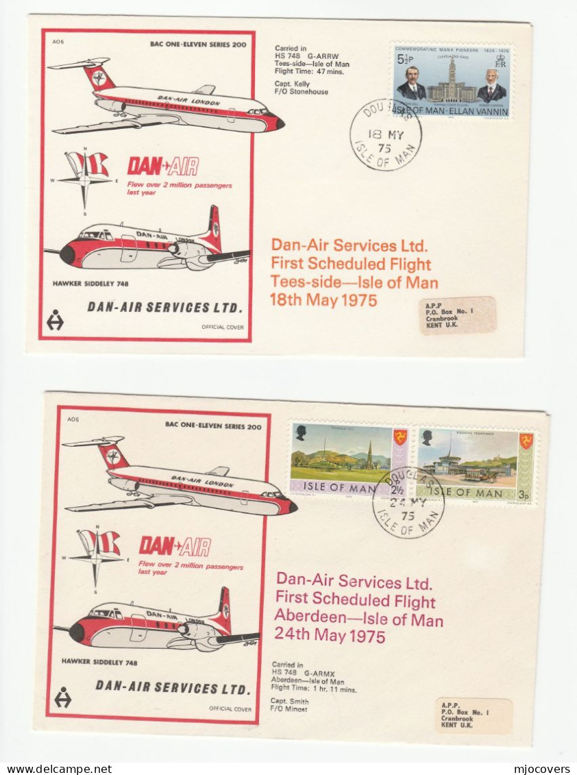 2 Diff 1975 FIRST FLIGHT Covers DAN AIR Isle Of Man To GB Aberdeen Tees Side  Aviation Cover Stamps - Isola Di Man