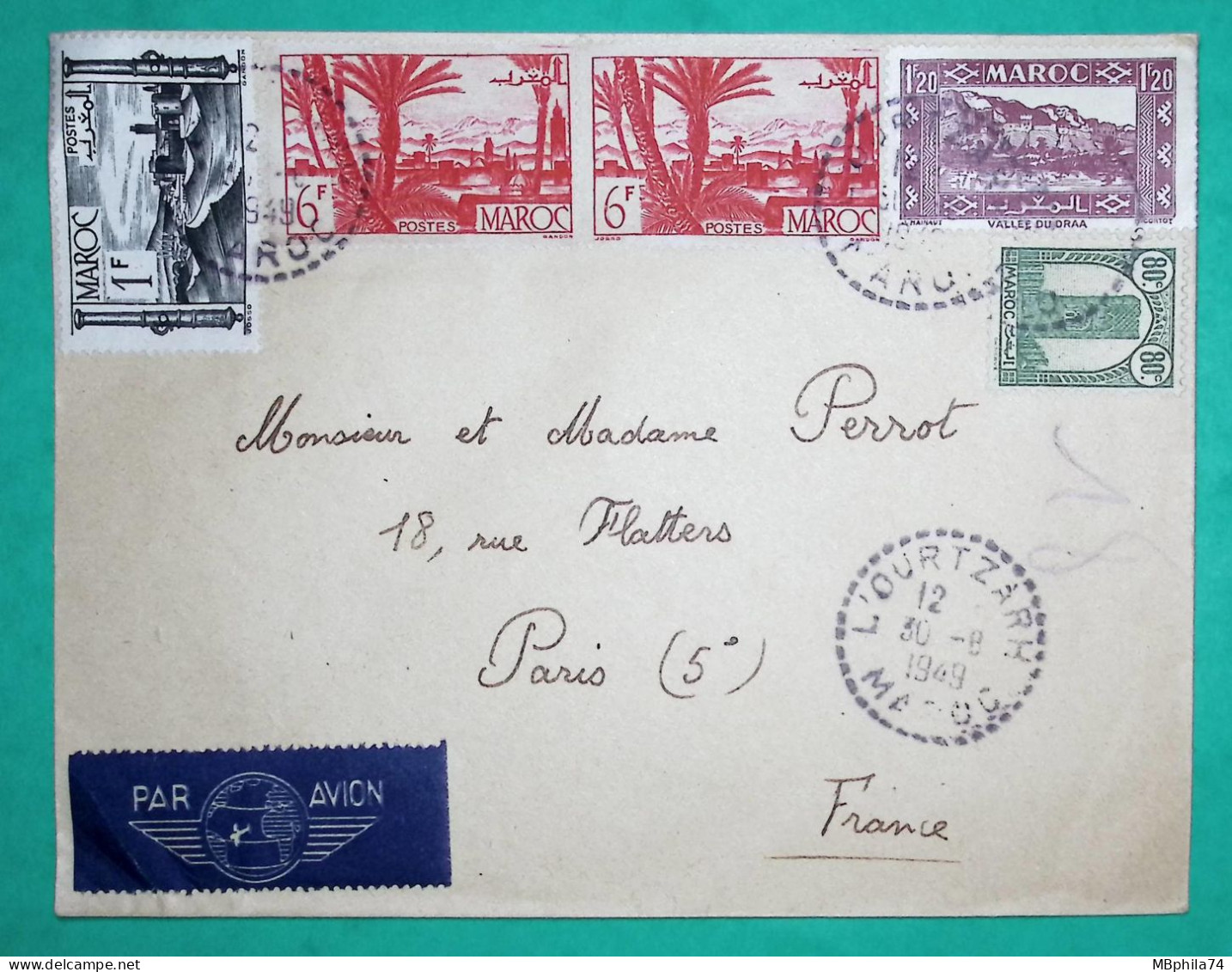 LETTRE PAR AVION L'OURTZARH MAROC POUR PARIS 1949 COVER FRANCE - Posta Aerea