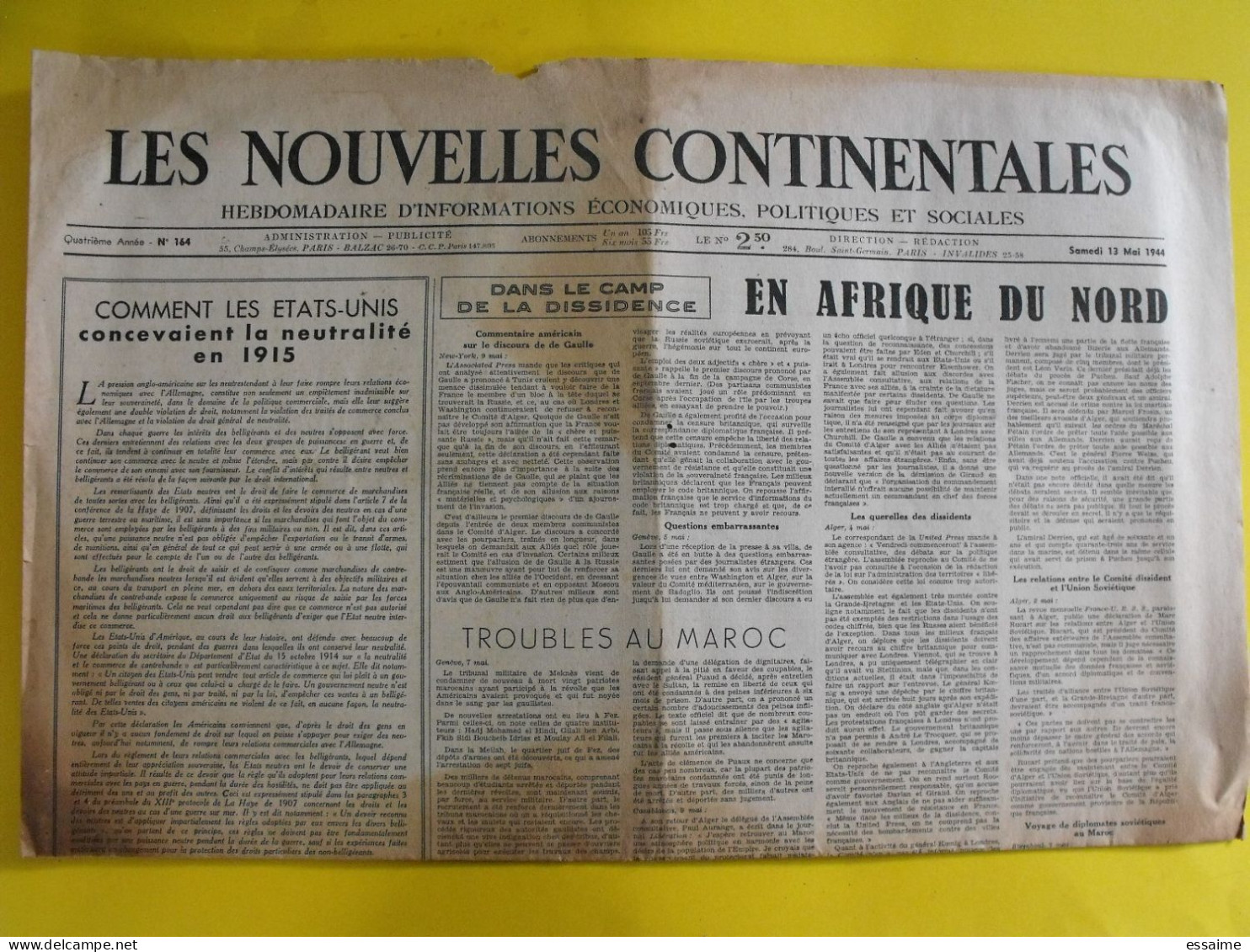 Les Nouvelles Continentales N° 164 Du 13 Mai1944. Collaboration Antisémite. De Gaulle Maurras Thorez - Weltkrieg 1939-45