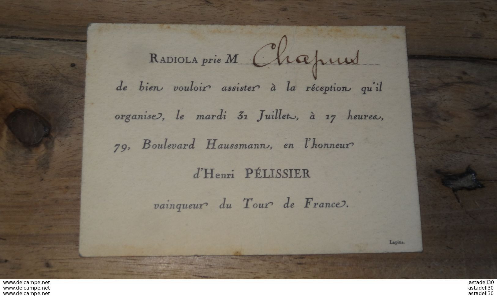 Invitation Par RADIOLA Pour Reception En L'honneur Cycliste PELISSIER ........... PHI ..... E2-37 - Tickets - Entradas