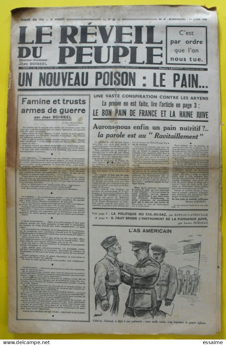Le Réveil Du Peuple N° 61 Du 1er Juin 1943. Collaboration Antisémite. Boissel  Laschett LVF - Oorlog 1939-45