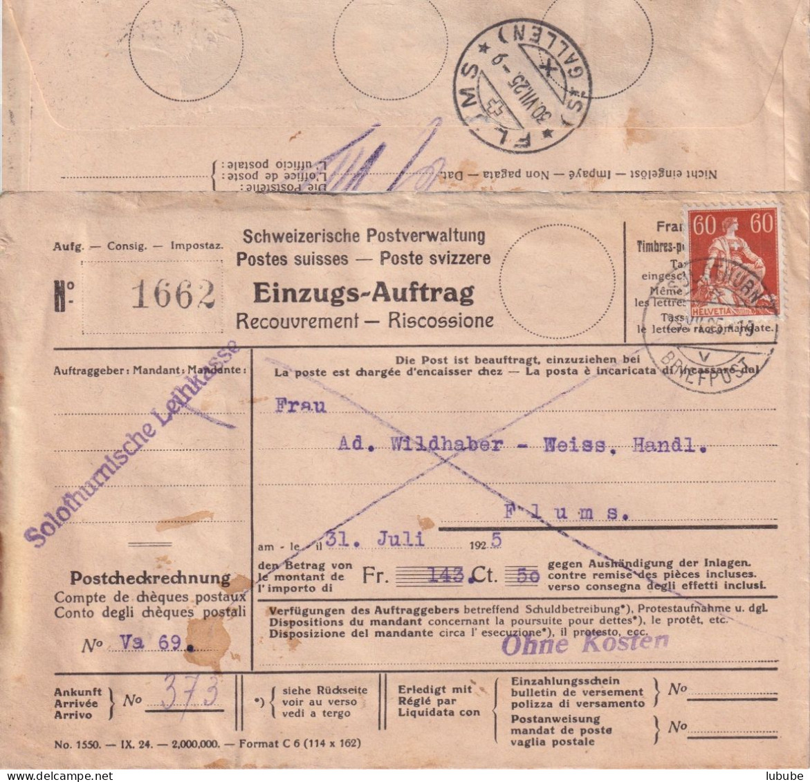 NN Brief  Solothurn - Flums       1925 - Lettres & Documents