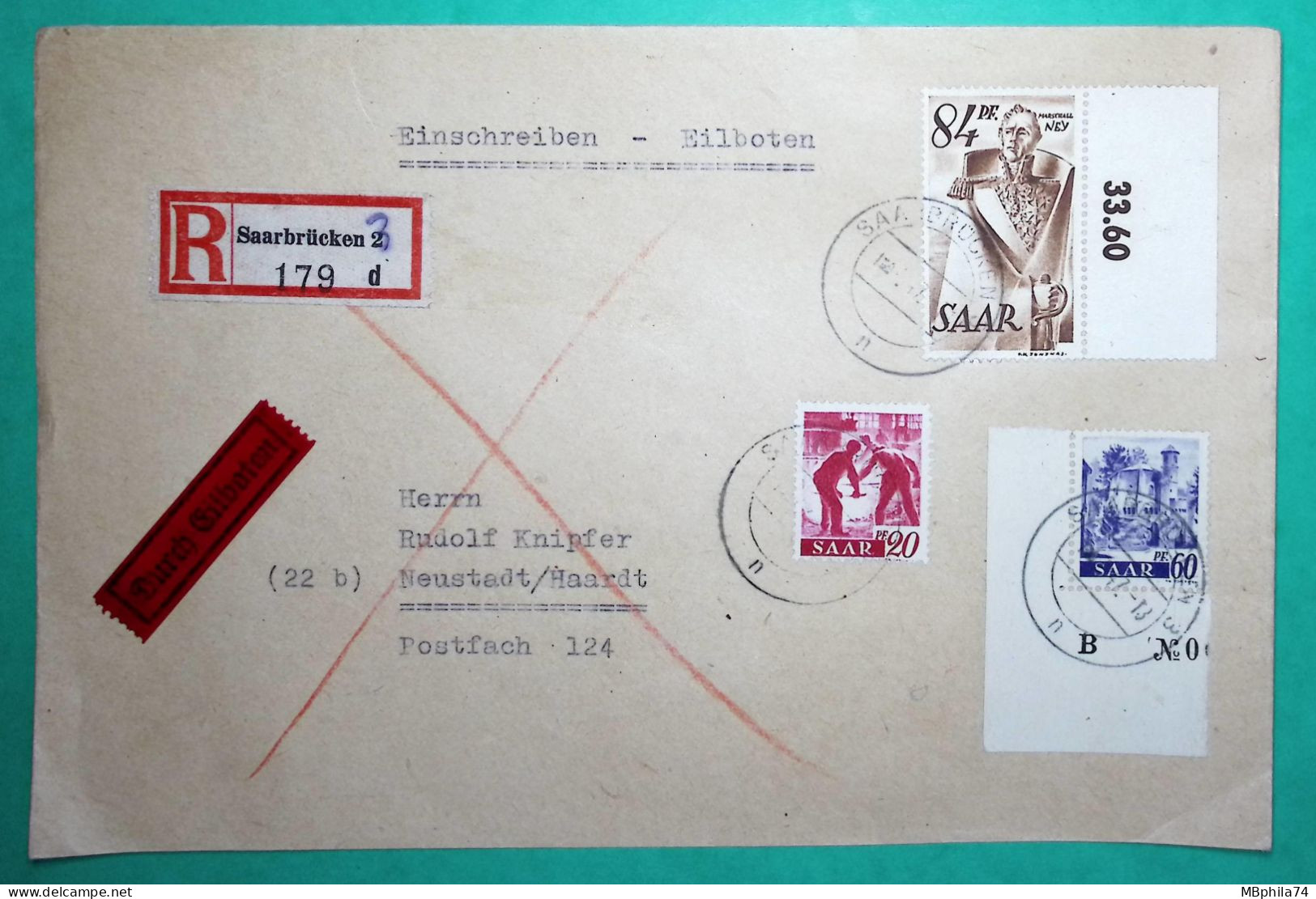 RECOMMANDE EINSCHREIBEN SARRE SAARBRÜCKEN 20 + 60 + 84 PF POUR FOR NEUSTADT 1947 COVER - Briefe U. Dokumente