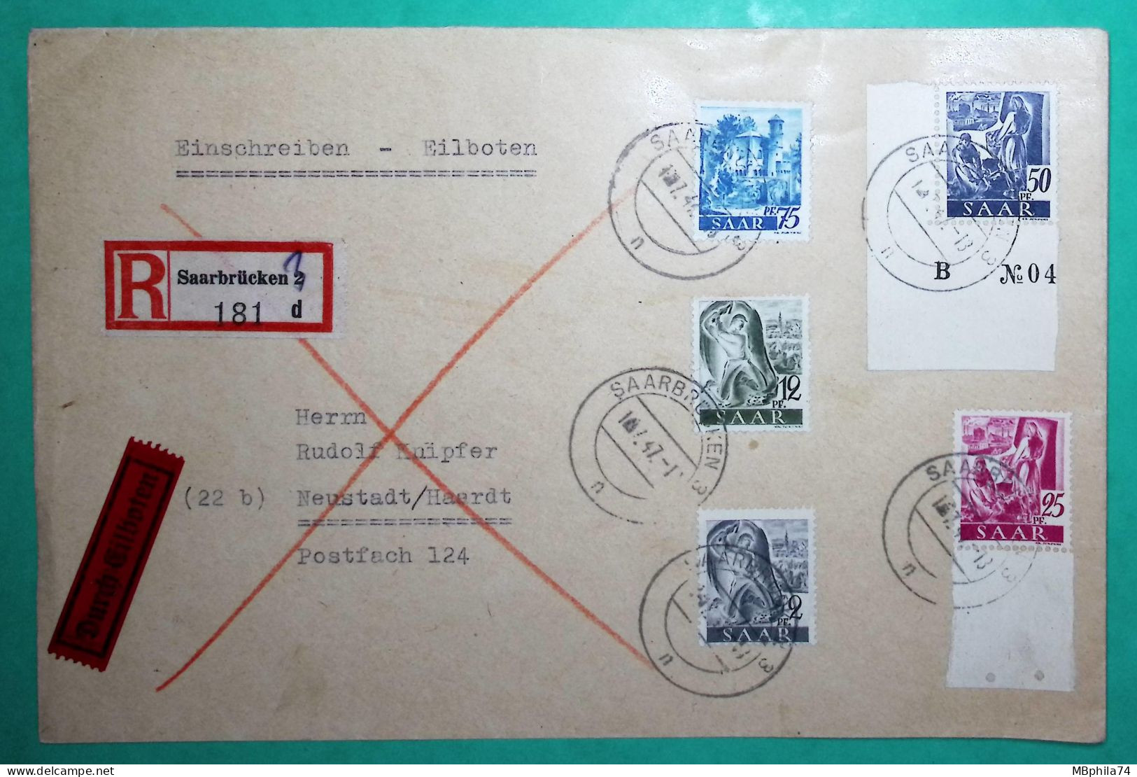 RECOMMANDE EINSCHREIBEN SARRE SAARBRÜCKEN 2 + 12 + 25 + 50 + 75 PF POUR FOR NEUSTADT 1947 COVER - Lettres & Documents